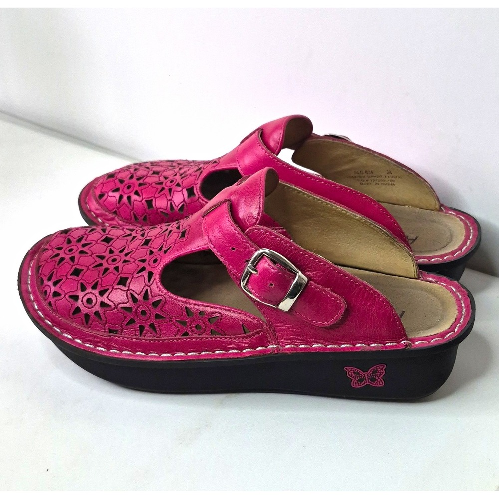 Alegria PG Lite ALG-634 Pink Leather Floral Clog Mule Comfort Strap Womens 7.5